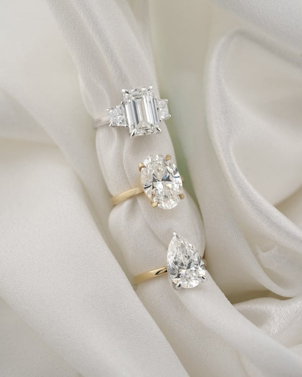 D'ORO Lab emerald, oval and pear cut lab-grown diamond rings