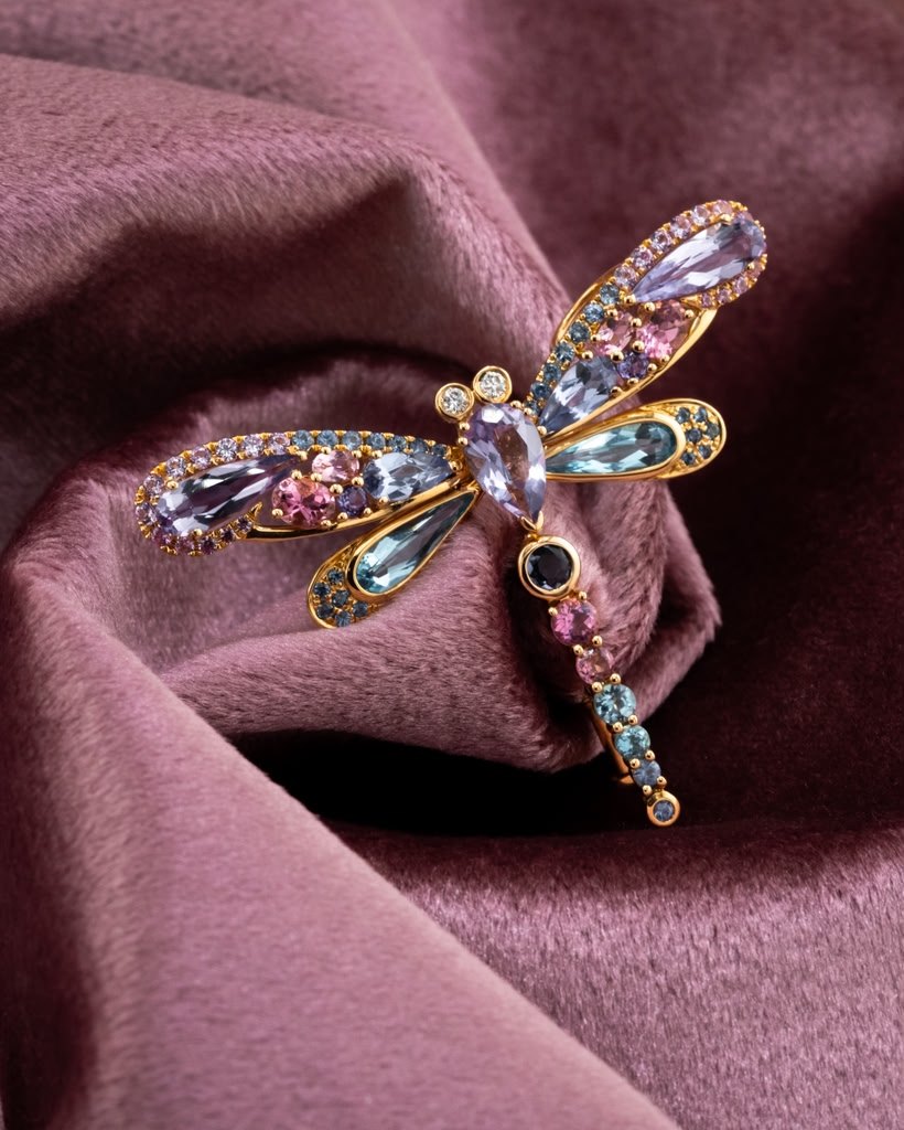 D'ORO dragonfly brooch with colored stones in gold