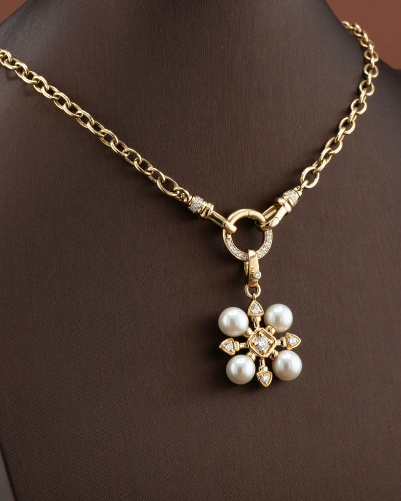 D'ORO pearl and diamond flower pendant on a gold chain