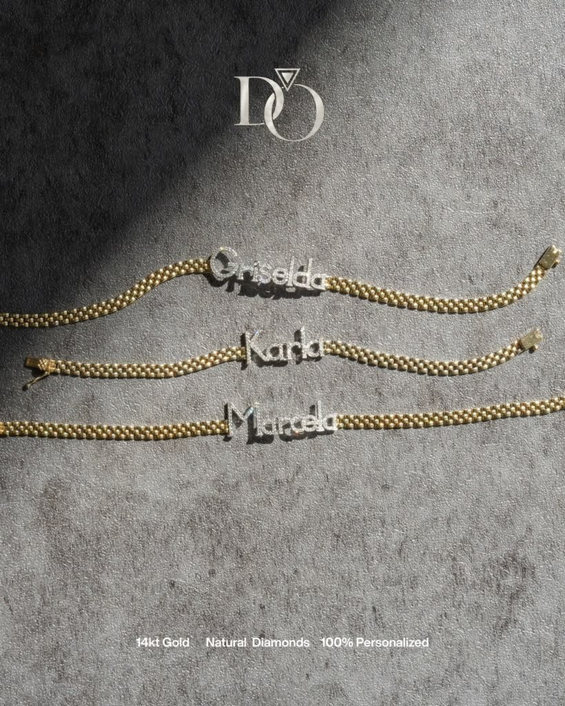 D'ORO personalized 14K gold name bracelets with natural diamonds