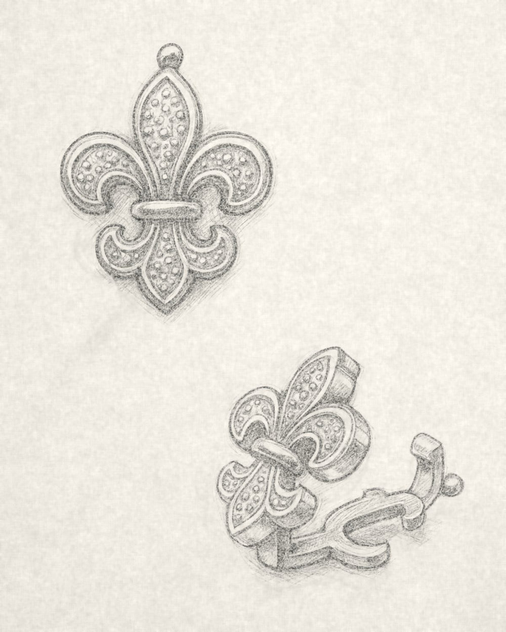 Pencil sketch of the D'ORO fleur-de-lis charm